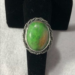 Vintage Mexico Sterling Silver Ring Sz 8 Natural Green Stone